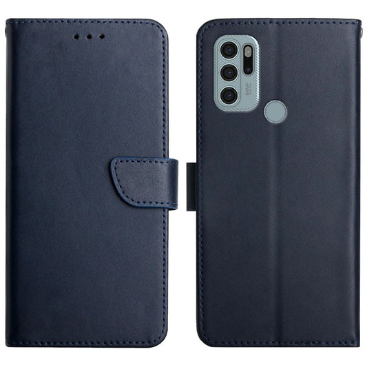 Scratch-proof Nappa Texture Genuine Leather Wallet Stand Protective Phone Case for Motorola Moto G60S - Blue
