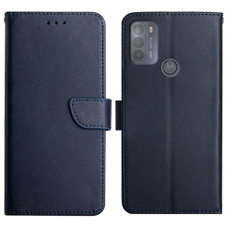 Genuine Leather Wallet Stand Function Flip Phone Cover Nappa Texture Full Body Protective Phone Case for Motorola Moto G50 - Blue