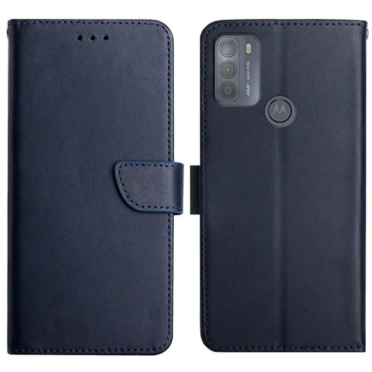 Genuine Leather Wallet Stand Function Flip Phone Cover Nappa Texture Full Body Protective Phone Case for Motorola Moto G50 - Blue