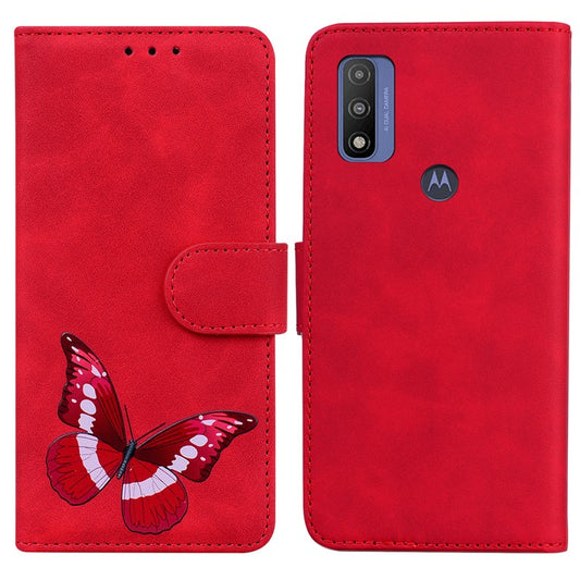 Adjustable Stand Butterfly Printing Skin-touch Leather Wallet Case Phone Cover for Motorola Moto E40/E30/E20 - Red