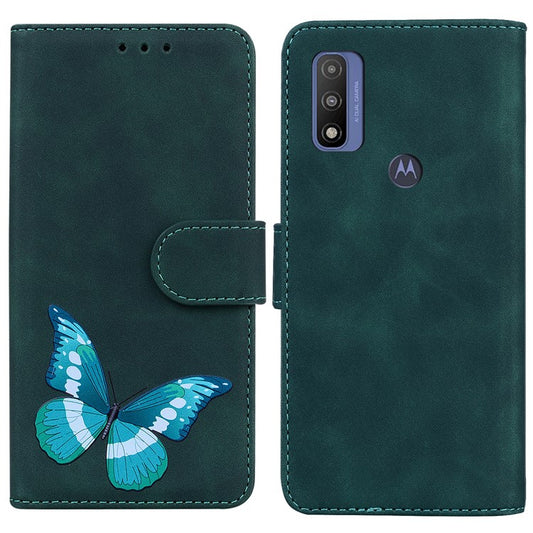Adjustable Stand Butterfly Printing Skin-touch Leather Wallet Case Phone Cover for Motorola Moto E40/E30/E20 - Green