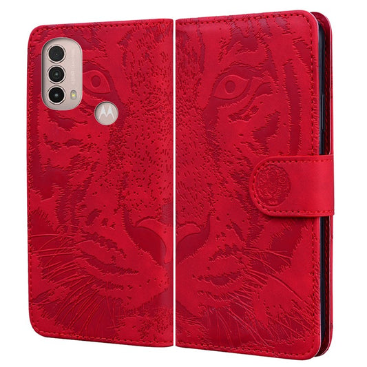 Tiger Imprinted PU Leather Mobile Phone Protective Case Cover with Wallet Stand for Motorola Moto E20/E30/E40 - Red