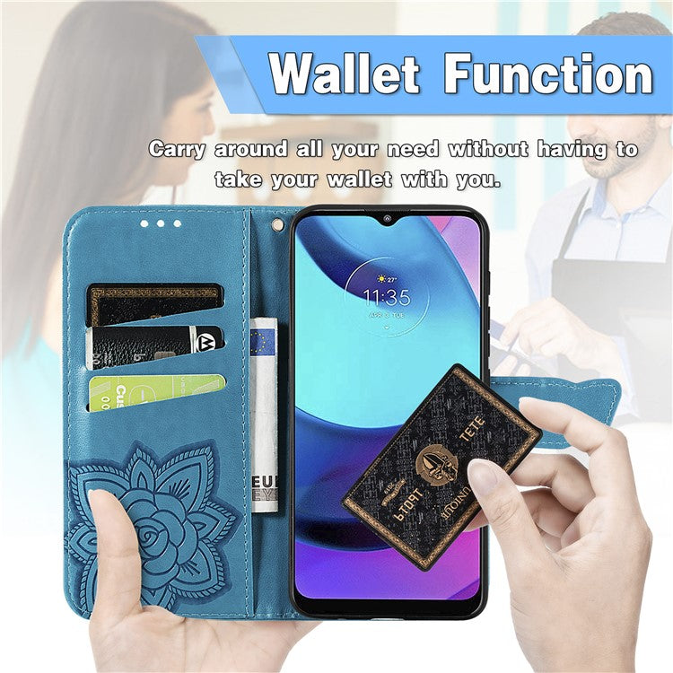Butterfly Flower Imprinted PU Leather + TPU Shockproof Phone Case Magnetic Clasp Flip Stand Cover with Strap for Motorola Moto E20 - Blue