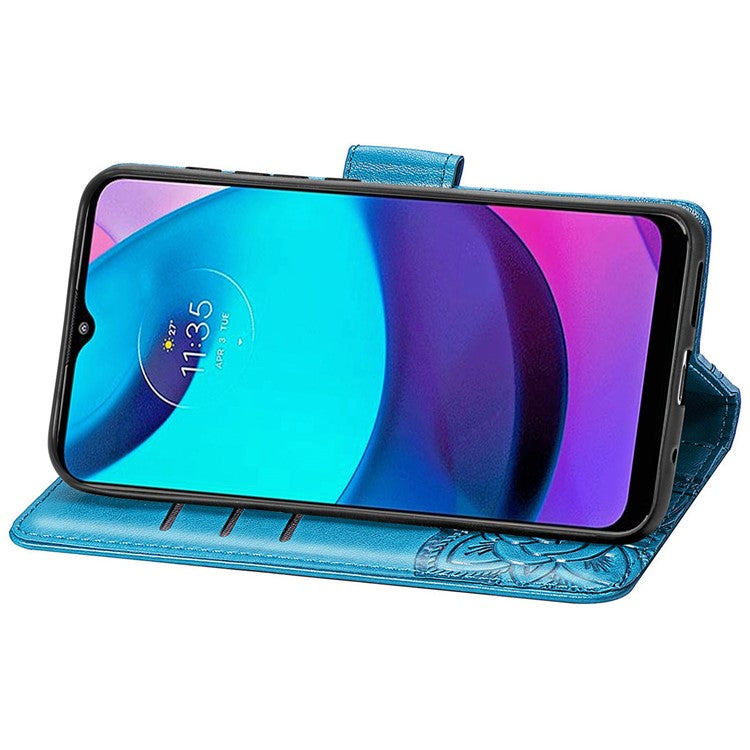Butterfly Flower Imprinted PU Leather + TPU Shockproof Phone Case Magnetic Clasp Flip Stand Cover with Strap for Motorola Moto E20 - Blue