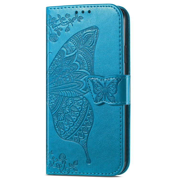 Butterfly Flower Imprinted PU Leather + TPU Shockproof Phone Case Magnetic Clasp Flip Stand Cover with Strap for Motorola Moto E20 - Blue