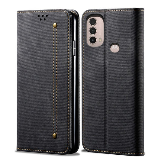 Protective Flip Phone Cover PU Leather+TPU Phone Case Jeans Cloth Texture Wallet for Motorola Moto E20 - Black