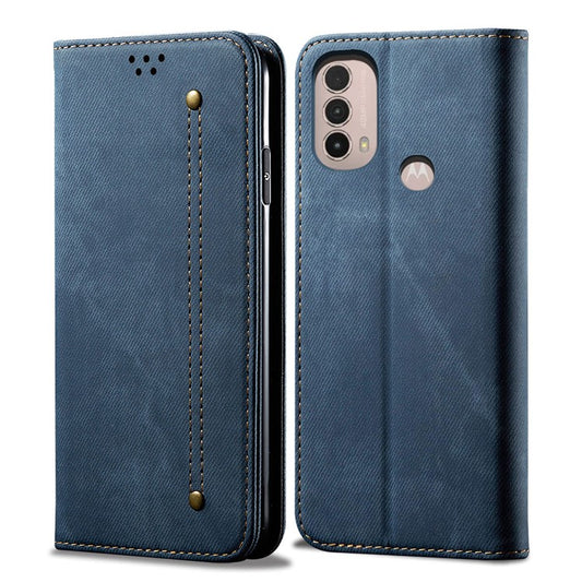 Protective Flip Phone Cover PU Leather+TPU Phone Case Jeans Cloth Texture Wallet for Motorola Moto E20 - Blue