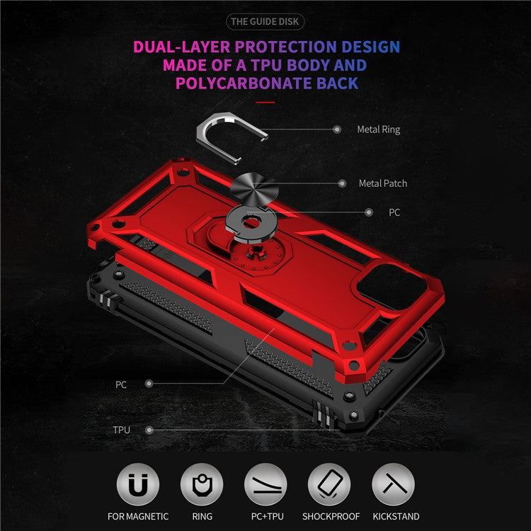 Anti-Drop Hard PC Soft TPU Shockproof Protective Case with Ring Kickstand Work with Magnetic Car Mount for Motorola Moto G50 5G - Red