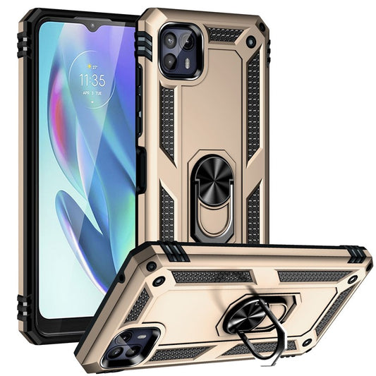 Anti-Drop Hard PC Soft TPU Shockproof Protective Case with Ring Kickstand Work with Magnetic Car Mount for Motorola Moto G50 5G - Gold