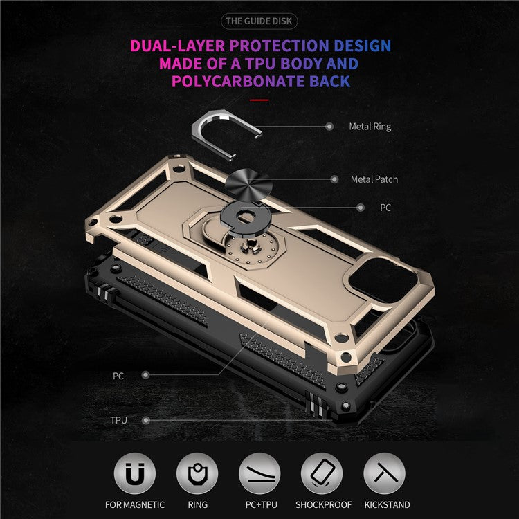 Anti-Drop Hard PC Soft TPU Shockproof Protective Case with Ring Kickstand Work with Magnetic Car Mount for Motorola Moto G50 5G - Gold