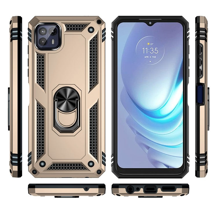 Anti-Drop Hard PC Soft TPU Shockproof Protective Case with Ring Kickstand Work with Magnetic Car Mount for Motorola Moto G50 5G - Gold