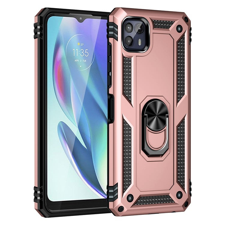 Anti-Drop Hard PC Soft TPU Shockproof Protective Case with Ring Kickstand Work with Magnetic Car Mount for Motorola Moto G50 5G - Rose Gold