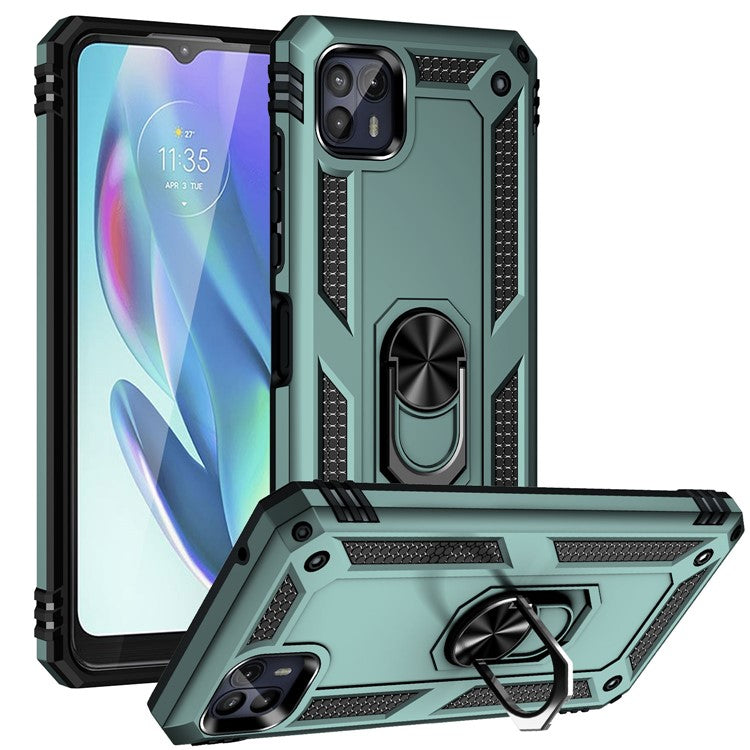 Anti-Drop Hard PC Soft TPU Shockproof Protective Case with Ring Kickstand Work with Magnetic Car Mount for Motorola Moto G50 5G - Blackish Green