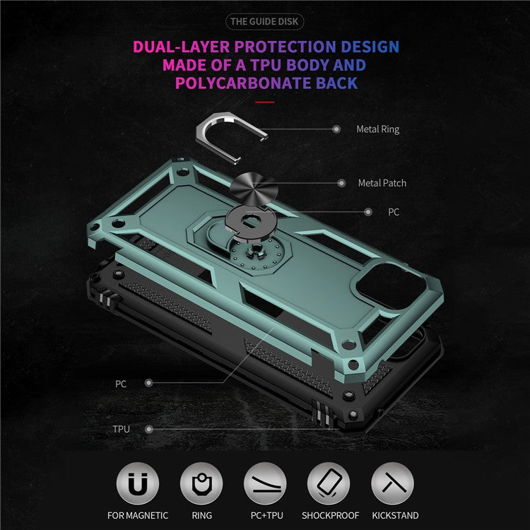 Anti-Drop Hard PC Soft TPU Shockproof Protective Case with Ring Kickstand Work with Magnetic Car Mount for Motorola Moto G50 5G - Blackish Green