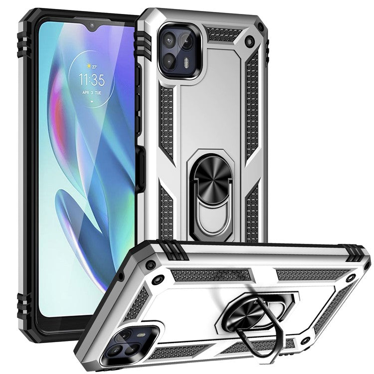 Anti-Drop Hard PC Soft TPU Shockproof Protective Case with Ring Kickstand Work with Magnetic Car Mount for Motorola Moto G50 5G - Silver
