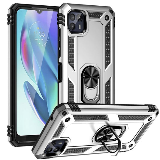 Anti-Drop Hard PC Soft TPU Shockproof Protective Case with Ring Kickstand Work with Magnetic Car Mount for Motorola Moto G50 5G - Silver