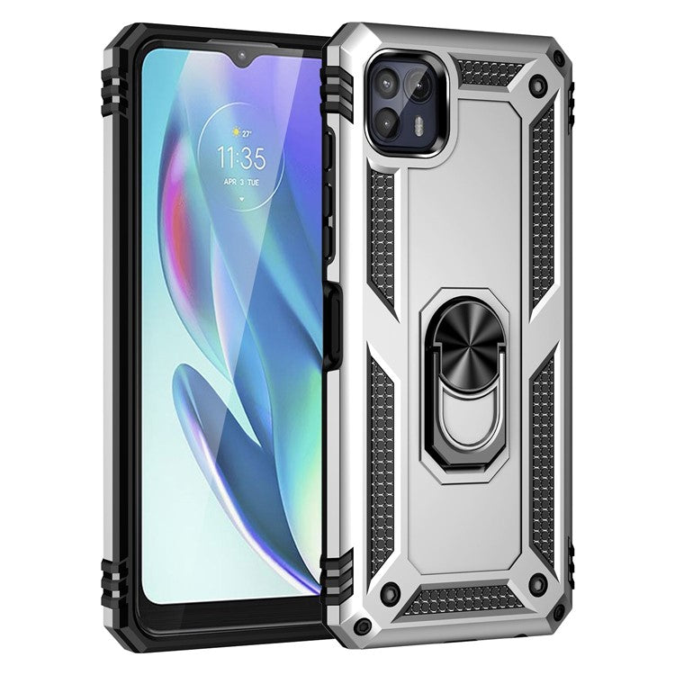 Anti-Drop Hard PC Soft TPU Shockproof Protective Case with Ring Kickstand Work with Magnetic Car Mount for Motorola Moto G50 5G - Silver