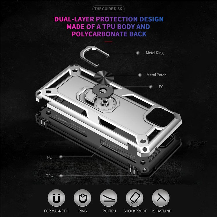 Anti-Drop Hard PC Soft TPU Shockproof Protective Case with Ring Kickstand Work with Magnetic Car Mount for Motorola Moto G50 5G - Silver