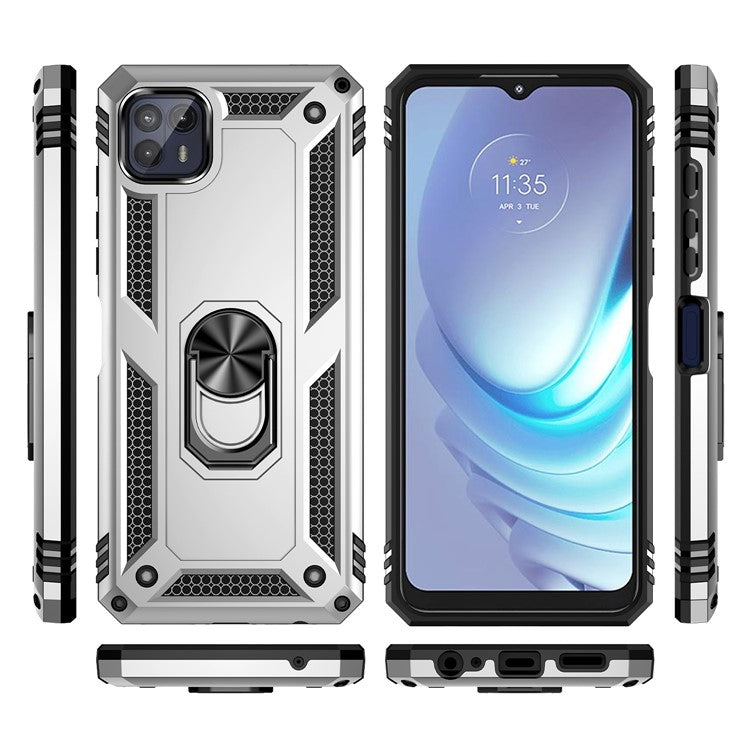 Anti-Drop Hard PC Soft TPU Shockproof Protective Case with Ring Kickstand Work with Magnetic Car Mount for Motorola Moto G50 5G - Silver