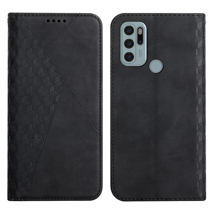 Skin-touch Well-protected Auto-absorbed Magnetic Closure Rhombus Pattern Leather Phone Cover with Stand for Motorola Moto G60S - Black