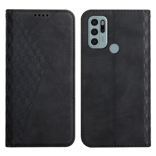 Skin-touch Well-protected Auto-absorbed Magnetic Closure Rhombus Pattern Leather Phone Cover with Stand for Motorola Moto G60S - Black