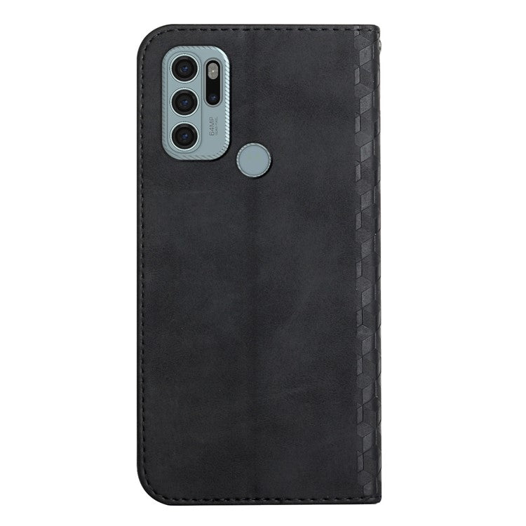 Skin-touch Well-protected Auto-absorbed Magnetic Closure Rhombus Pattern Leather Phone Cover with Stand for Motorola Moto G60S - Black