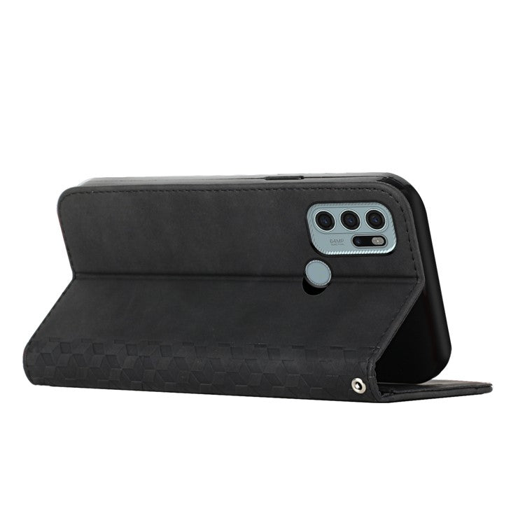 Skin-touch Well-protected Auto-absorbed Magnetic Closure Rhombus Pattern Leather Phone Cover with Stand for Motorola Moto G60S - Black
