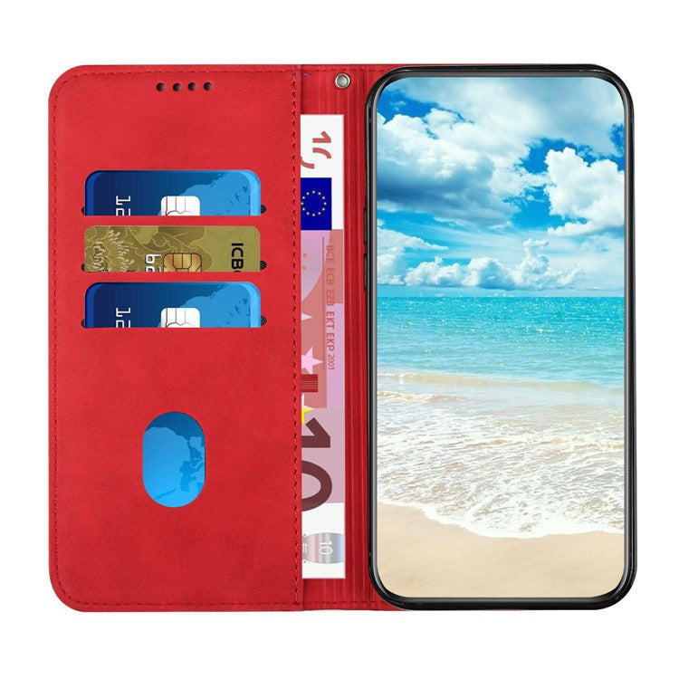 Auto-absorbed Magnetic Closing Rhombus Pattern Skin-touch Soft Inner TPU Case Leather Phone Cover with Stand for Motorola Moto G50 5G - Red