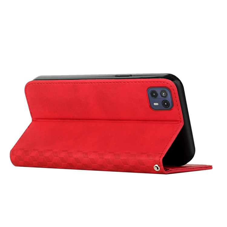 Auto-absorbed Magnetic Closing Rhombus Pattern Skin-touch Soft Inner TPU Case Leather Phone Cover with Stand for Motorola Moto G50 5G - Red
