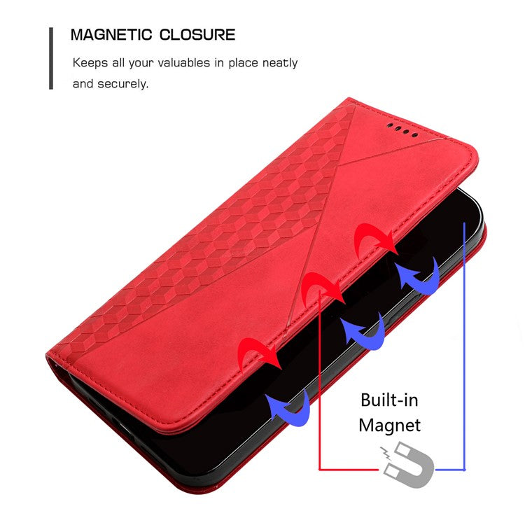 Auto-absorbed Magnetic Closing Rhombus Pattern Skin-touch Soft Inner TPU Case Leather Phone Cover with Stand for Motorola Moto G50 5G - Red