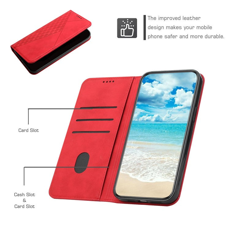 Auto-absorbed Magnetic Closing Rhombus Pattern Skin-touch Soft Inner TPU Case Leather Phone Cover with Stand for Motorola Moto G50 5G - Red