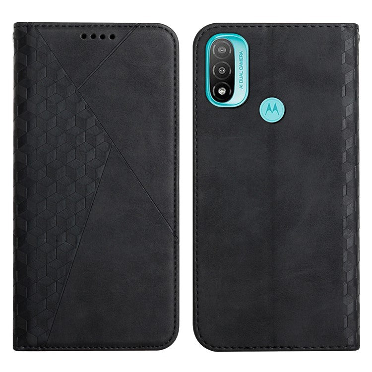 Soft TPU Inner Case + Leather Phone Cover Skin-touch Rhombus Pattern Auto-absorbed Magnetic Closure Stand Shell for Motorola Moto E20/E30/E40 - Black
