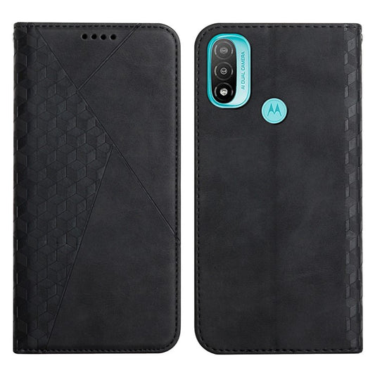 Soft TPU Inner Case + Leather Phone Cover Skin-touch Rhombus Pattern Auto-absorbed Magnetic Closure Stand Shell for Motorola Moto E20/E30/E40 - Black