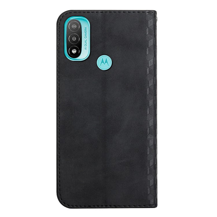 Soft TPU Inner Case + Leather Phone Cover Skin-touch Rhombus Pattern Auto-absorbed Magnetic Closure Stand Shell for Motorola Moto E20/E30/E40 - Black