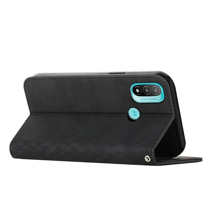 Soft TPU Inner Case + Leather Phone Cover Skin-touch Rhombus Pattern Auto-absorbed Magnetic Closure Stand Shell for Motorola Moto E20/E30/E40 - Black