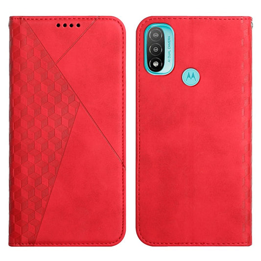 Soft TPU Inner Case + Leather Phone Cover Skin-touch Rhombus Pattern Auto-absorbed Magnetic Closure Stand Shell for Motorola Moto E20/E30/E40 - Red