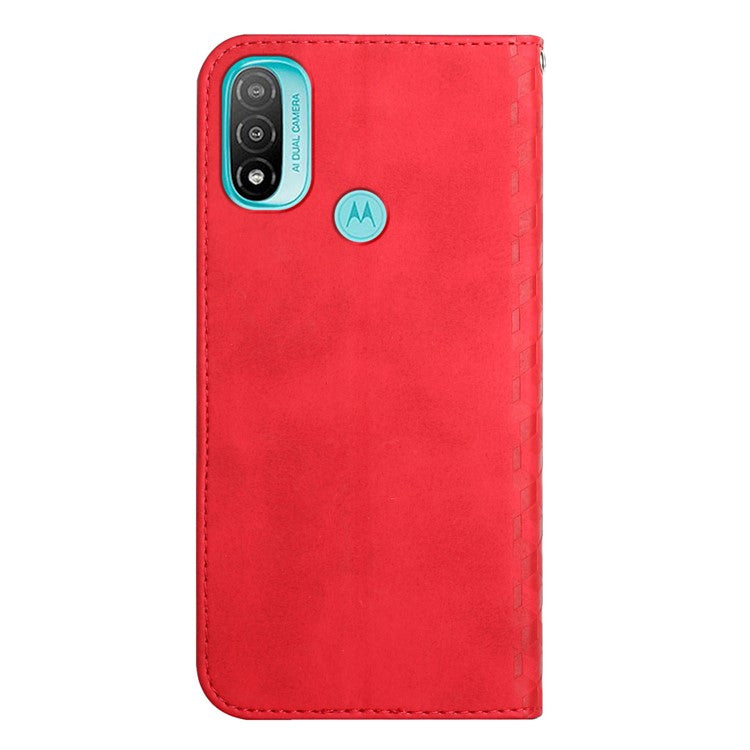 Soft TPU Inner Case + Leather Phone Cover Skin-touch Rhombus Pattern Auto-absorbed Magnetic Closure Stand Shell for Motorola Moto E20/E30/E40 - Red