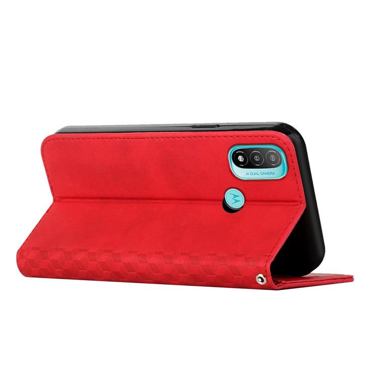 Soft TPU Inner Case + Leather Phone Cover Skin-touch Rhombus Pattern Auto-absorbed Magnetic Closure Stand Shell for Motorola Moto E20/E30/E40 - Red