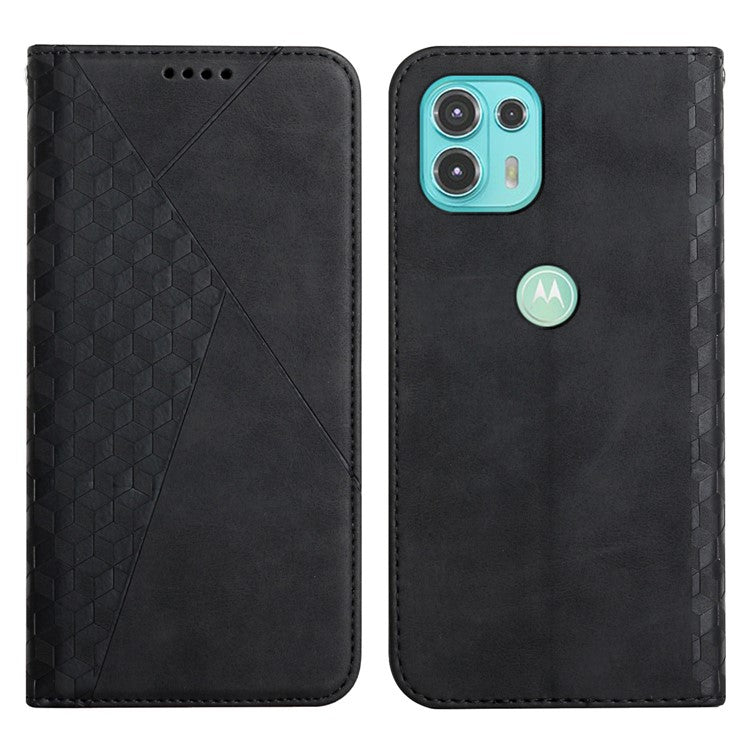 Skin-touch Rhombus Pattern Wallet Stand Design Case for Motorola Edge 20 Lite/Edge 20 Fusion Magnetic Auto-absorbed Closure Leather Cover - Black