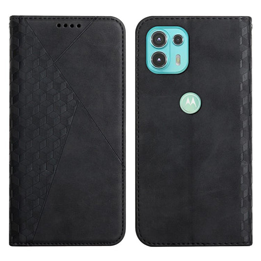 Skin-touch Rhombus Pattern Wallet Stand Design Case for Motorola Edge 20 Lite/Edge 20 Fusion Magnetic Auto-absorbed Closure Leather Cover - Black