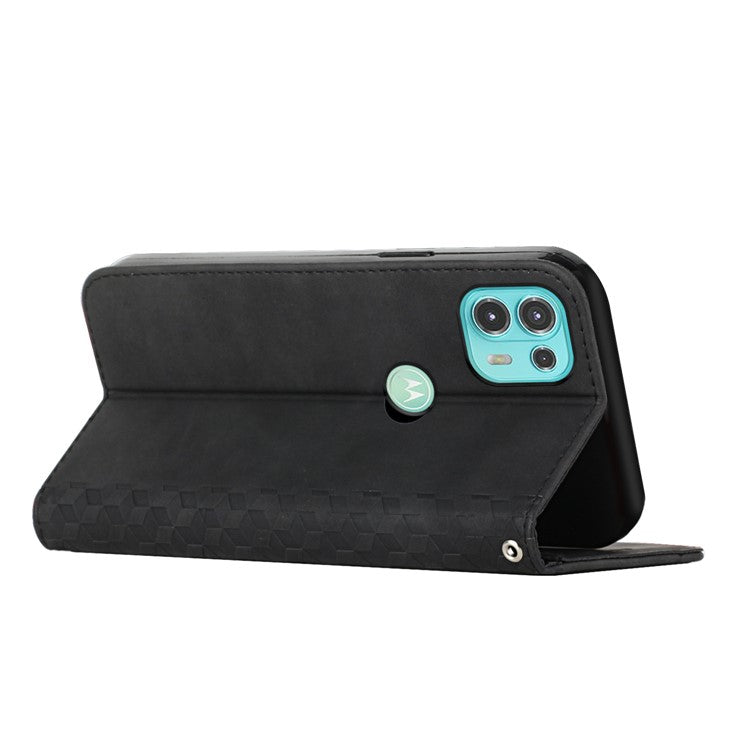 Skin-touch Rhombus Pattern Wallet Stand Design Case for Motorola Edge 20 Lite/Edge 20 Fusion Magnetic Auto-absorbed Closure Leather Cover - Black