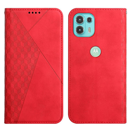 Skin-touch Rhombus Pattern Wallet Stand Design Case for Motorola Edge 20 Lite/Edge 20 Fusion Magnetic Auto-absorbed Closure Leather Cover - Red