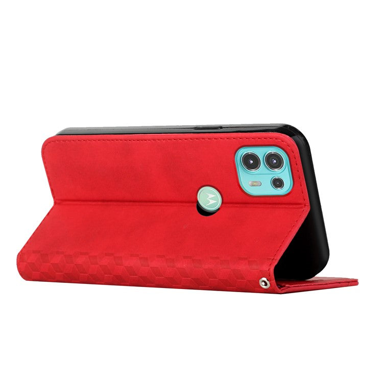 Skin-touch Rhombus Pattern Wallet Stand Design Case for Motorola Edge 20 Lite/Edge 20 Fusion Magnetic Auto-absorbed Closure Leather Cover - Red