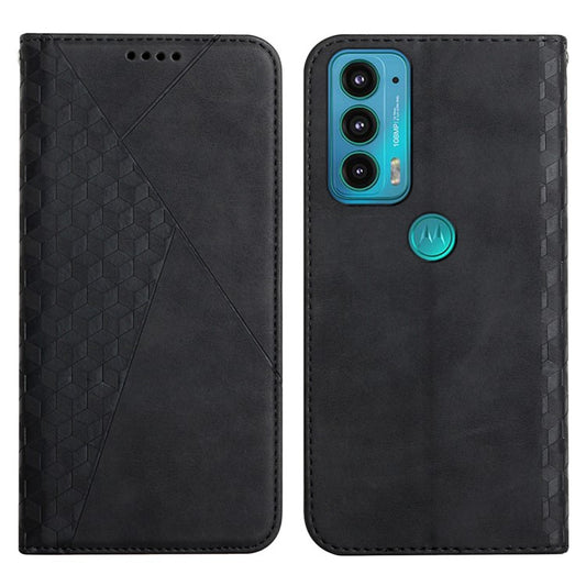Scratch-proof Rhombus Pattern Skin-touch Case Drop-proof Auto-absorbed Magnetic Closing Leather Phone Cover with Stand for Motorola Edge 20 - Black