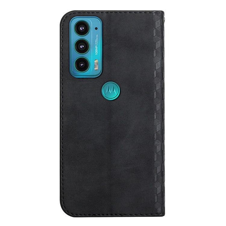 Scratch-proof Rhombus Pattern Skin-touch Case Drop-proof Auto-absorbed Magnetic Closing Leather Phone Cover with Stand for Motorola Edge 20 - Black