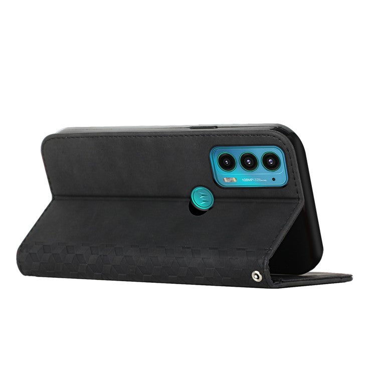 Scratch-proof Rhombus Pattern Skin-touch Case Drop-proof Auto-absorbed Magnetic Closing Leather Phone Cover with Stand for Motorola Edge 20 - Black