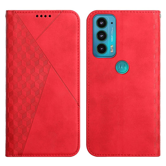 Scratch-proof Rhombus Pattern Skin-touch Case Drop-proof Auto-absorbed Magnetic Closing Leather Phone Cover with Stand for Motorola Edge 20 - Red