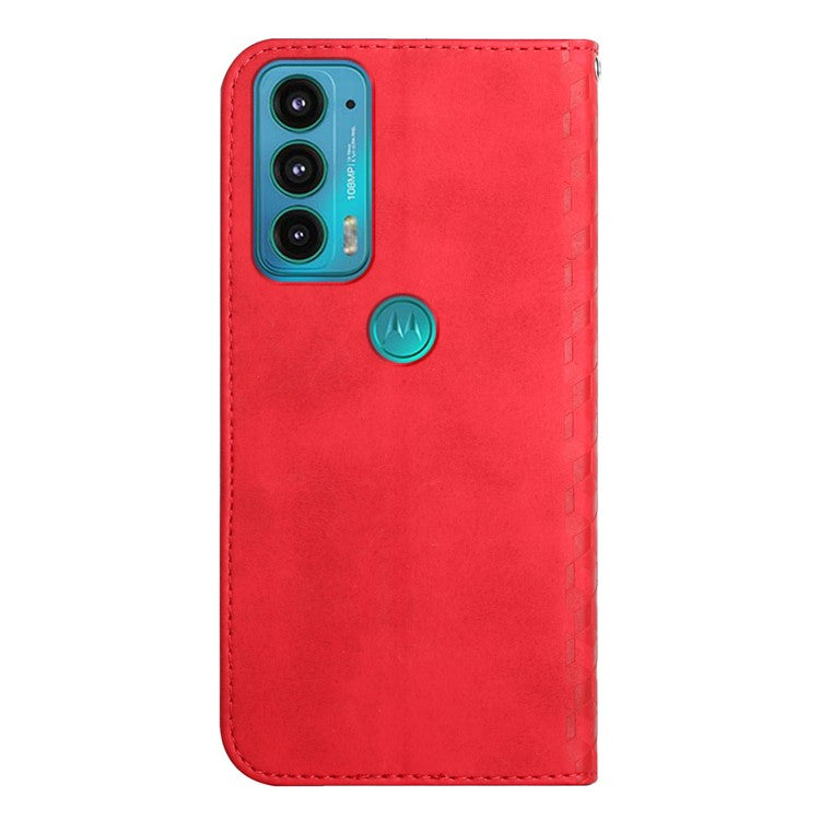 Scratch-proof Rhombus Pattern Skin-touch Case Drop-proof Auto-absorbed Magnetic Closing Leather Phone Cover with Stand for Motorola Edge 20 - Red