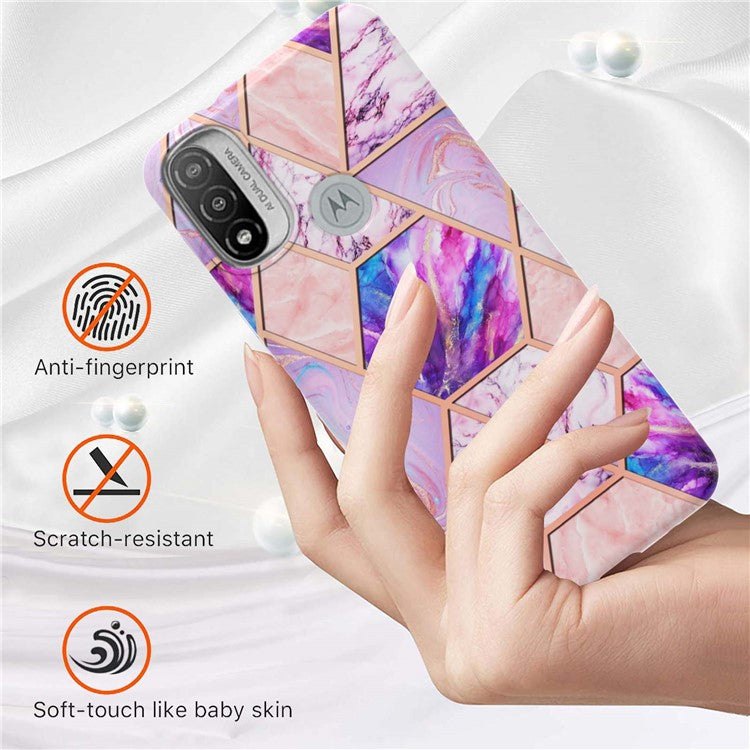 Anti-fingerprint IMD IML TPU Phone Cover Anti-fall Electroplating Marble Pattern 2.0mm Case for Motorola Moto E20/E30/E40 - Light Purple