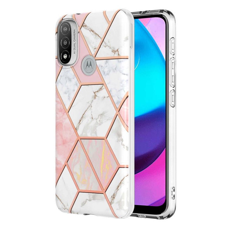 Anti-fingerprint IMD IML TPU Phone Cover Anti-fall Electroplating Marble Pattern 2.0mm Case for Motorola Moto E20/E30/E40 - Pink/White